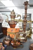 A copper coffee pot decorated with dragon motifs, h26cm, sold together with a coffee pot of
