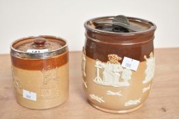 A Royal Doulton stoneware tobacco jar with cover decorated with hunting scenes, h15cm, sold together