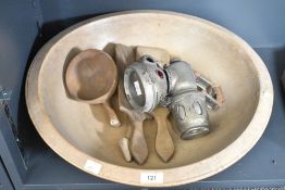 A early 20th century chieftain bicycle lamp, h18cm, sold together with a wooden bowl and a pair of