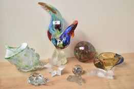 A Murano style multicoloured glass chicken, h31.5cm, sold together with a glass turtle ect, (9)