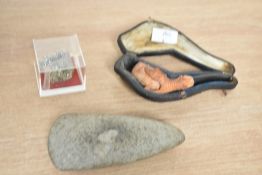 A Kristall Pyrit rock sample, w3cm, sold together with a tobacco pipe and an axe style head ect, (