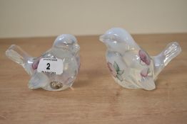 Two Fenton art glass bird sculptures, engraved mark to reverse reading 'handpainted by M. Mihaliah',