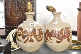 A pair of 20th century studio pottery table lamps decorated with geometrical patterns on a glaze