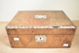 A 19th century burr wood writing slope having blue leather interior, w35cm