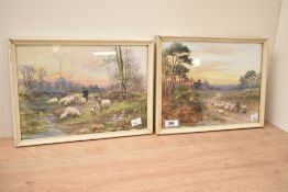 Two landscape farming scene prints, signed bottom left, w32 overall