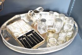 A silver plated serving tray having pierced edges, w45cm, sold together with a cream jug, two H.M