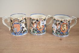 A set of 3 Burleigh Coronation mugs, h8cm