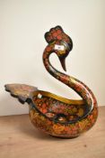 A large wooden puntch bowl in the form of a swan, hand painted with strawberry's and foliage, h46cm