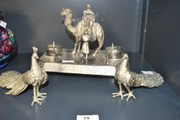 A metal desk tidy, h16.5cm, sold together with two pheasants, (3)