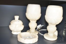 A pair of alabaster urn lamps, h23.5cm, sold together with a trinket box with cover and an ash tray