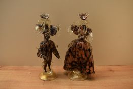 A pair of vintage hand blown Murano glass dancer figurines in mottled brown and black, both