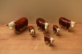 A group of six Beswick Pottery Hereford cattle studies comprising Hereford Bull 'CH. of Champions'