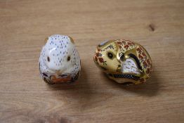 Two Royal Crown Derby bone china paperweights comprising 'Poppy Mouse' with silver coloured