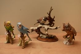 A group of three Goebel pottery bird studies comprising Owl model number CV 99, Green Budgerigar