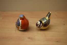 Two Royal Crown Derby bone china paperweights comprising 'Robin' and 'Blue Tit' both having Imari