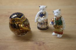 A group of three Royal Crown Derby bone china paperweights comprising 'Owl', 'Teddy Bear Cook'