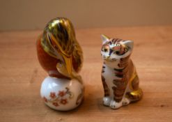 Two Royal Crown Derby paperweights, Kingfisher and Cat, both having Imari style decoration and