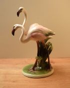 A continental 'Keramos' porcelain animal study depicting two flamingos, signature to underside,