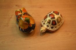 A pair of Royal Crown Derby bone china paperweights comprising 'Mandarin Duck' and 'Turtle' both