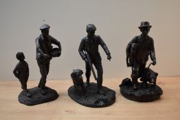 A group of three Heredities limited bronzed resin figure groups comprising 'Gamekeeper' by J