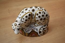 A Royal Crown Derby paperweight 'Snow Leopard' having Imari style decoration and gold coloured