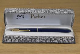 A boxed Parker Slimfold fountain pen in Blue with decorative cap band having Parker 14k England 5
