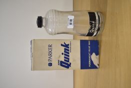 Two large Parker Quink bottles, a Super Quink Permanent blue in its original box with some ink