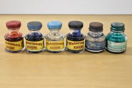 Six Waterman ink bottles, four Ideal ink in blues and red with two washable inks in blue and
