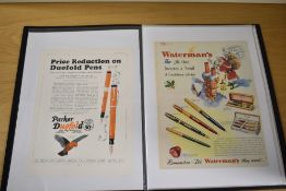 A Portfolio of thirty five original fountain pen adverts, 11x Parker, 5 Watermans, a Dunhills, 14x