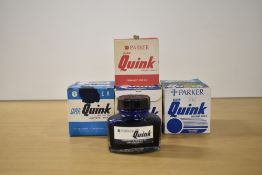 Eight 2fl oz bottles of Parker Super Quink ink (seven in original boxes) in Turquoise, blue, red and