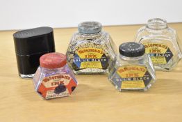 Four Waterman Ideal hexagonal ink bottles 2x 2oz and 2x 5oz with a modern Waterman Encre Noir