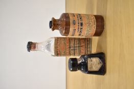 Three ink bottles. A saltglazed Stephens blue black, a bottle of Stephens Scarlet and a bottle of