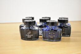 Eight 2fl oz Parker Quink ink bottles various colours