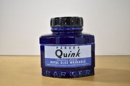 A novelty Parker Quink biscuit barrel /cookie jar in the form of a large ink bottle. Made for Parker
