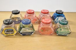 Eight Waterman Hexagonal 2oz ink bottles including Green, red and Blue black