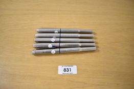 Five Parker 25 MkII fountain pens in Stainless steel flighter all with blue sections