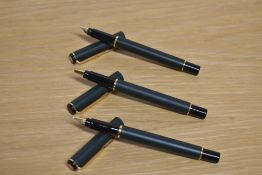 Two Parker Rialto converter fill fountain pens and a rollerball pen in Matte Dark Green
