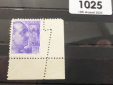SPAIN 1939 20 CTS FRANCO VIOLET (PERF10) WITH MAJOR PERF FLAW CORNER MARGINAL Wonderful mis perf