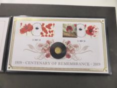 GB 2019 REMEMBRANCE DAY BENHAM FDC WITH ALDERNEY 25p GOLD COIN ENCAPSULATED Benham first day cover