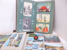 POSTCARDS COLLECTION IN 2 ALBUMS (+1 EMPTY) MILITARY, HUMOUR, TOPOGRAPHICAL ETC 3 Postcard albums,