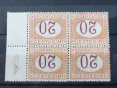 ITALY 1894 POSTAGE DUE 20c ORANGE & CARMINE WITH INVERTED VALUE ERROR IN MNH BLOCK OF 4 Italian