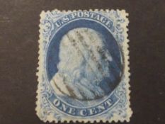 USA 1857 FRANKLIN BUST 1C BLUE TYPE 1 USED WITH WEISS CERT (sc 18, SG 20) Weiss Cert with 1c