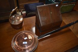 A Victorian copper kettle, of traditional form sold along with a coper headed bed warming pan and