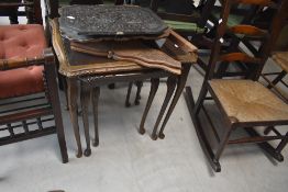 A vintage nest of tables having top, h56cm, sold together with a piano stool ect, (4)