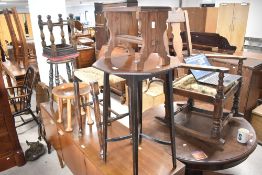 A vintage side table having octagonal top, h71cm, sold together with a pine stool, (2)