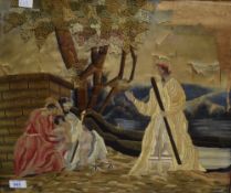 A 19th century religious scene embroidered panel, worked in polychrome threads, within a moulded