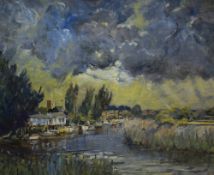 Chris Law (20th century) oil on board, impressionistic river or estuary scene with boats and