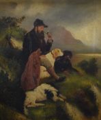 G Gordon (British 19th century) oil on canvas, Scottish scene with hunter smoking a pipe with four