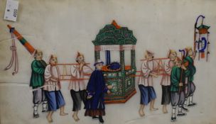 Two Chinese paintings on rice paper, procession scenes with various figures, musicians, flag