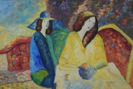T. Denver (20th century) large oil on canvas, striking post-impressionistic image of two women